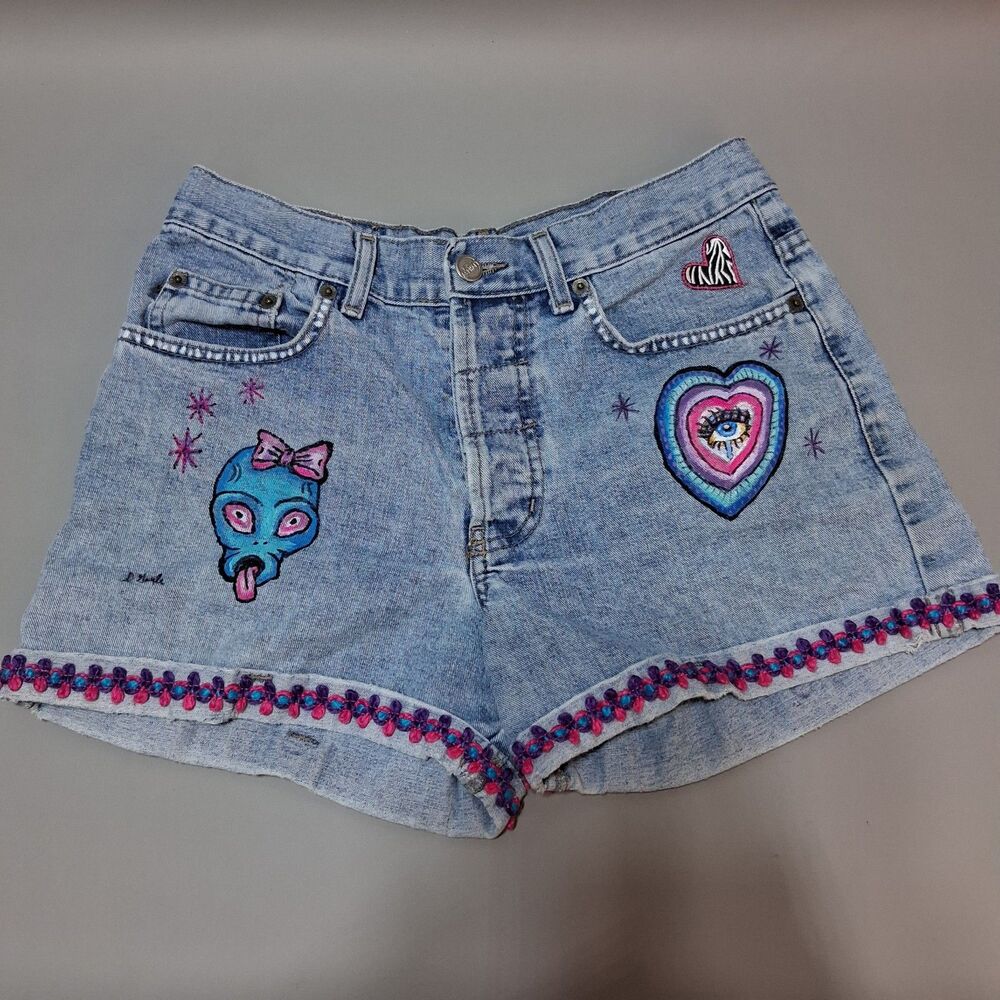 Custom Painted Alien Eye Upcycled Denim Shorts Vintage Y2K